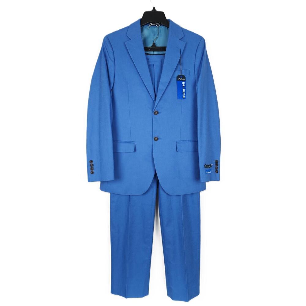 Nautica Mens Modern Fit 2 Piece Suit 36R 30x32 Blue Solid Stretch Linen Cotton - Picture 1 of 10